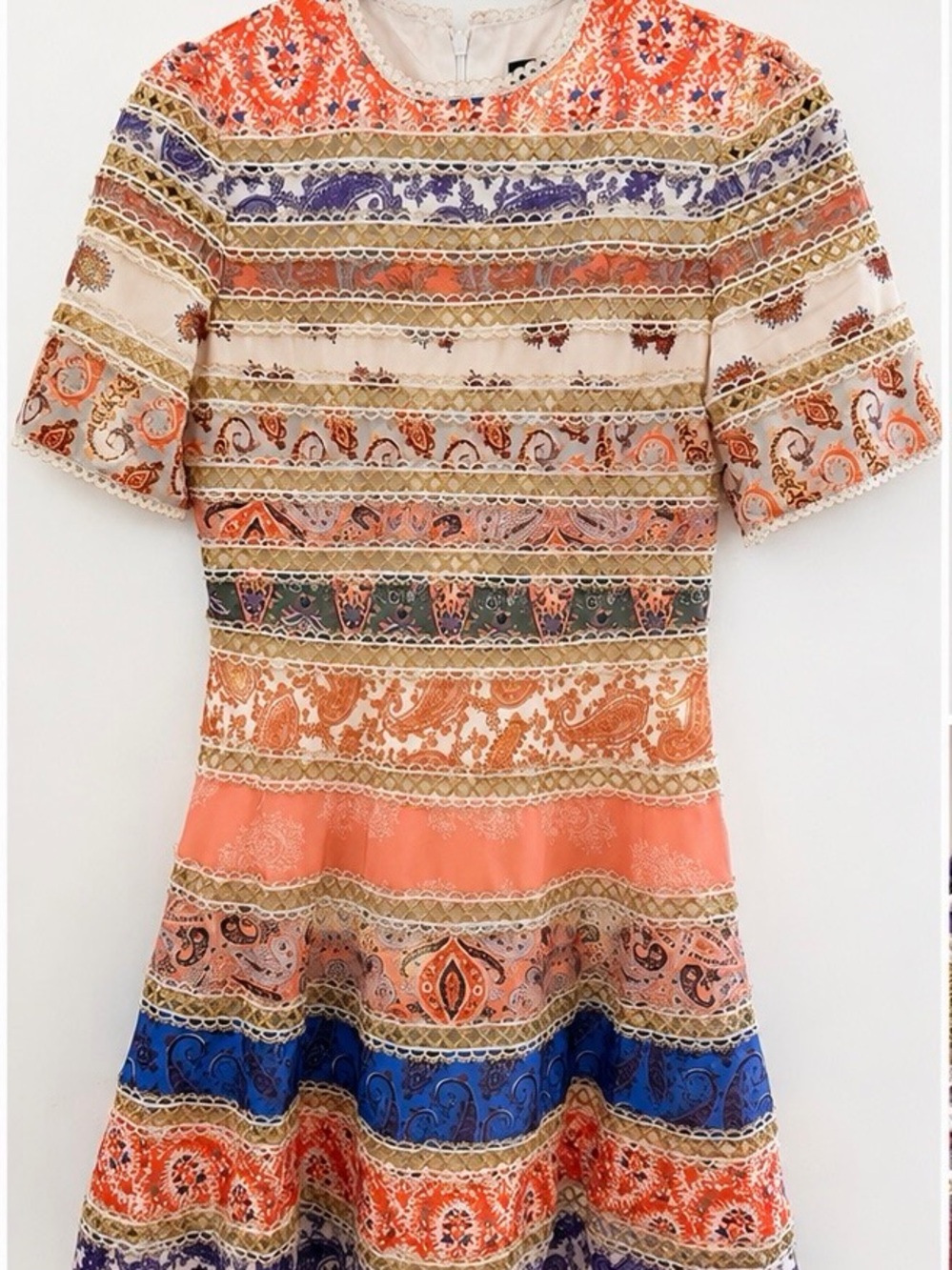 Beulah Coral & Blue Paisley Lace-Trim Mini Dress